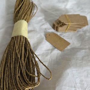 May include: A bundle of brown twine tied with a tan paper band, next to a stack of small, blank, brown paper tags. One tag is separate. The twine and tags are on a white surface. Ideal for crafting and gift wrapping.