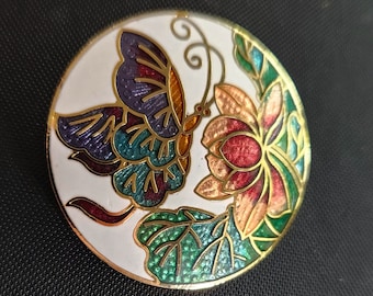 Butterfly Brooch Vintage Round Cloisonne w Peach Red Flower Womens Asian Costume Jewelry Mom Gift