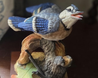 Figura de pájaro arrendajo azul Moussalli con hojas de roble, rara, vintage, firmada, de porcelana, edición limitada, bellas artes, coleccionable, regalo natural para decoración del hogar