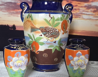 Colección de jarrones Satuma Moriage, jarrón antiguo japonés con forma de pájaro y dos jarrones en miniatura con forma de loto, porcelana japonesa dorada, decoración asiática para el hogar.