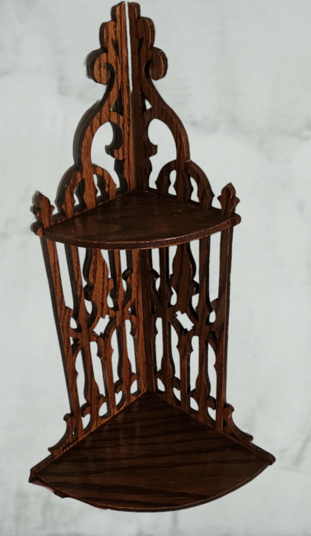 Corner Shelf 2 Tier Vintage Handcrafted Wood Scroll Work Scalloped