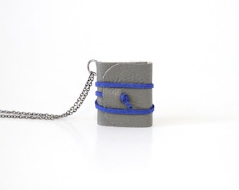 Leather Miniature Book Necklace, Mini Book Jewelry, Book Lover, Literary Gift, Tiny Pendant, Leather Sketchbook, Handbound Journal, Gray