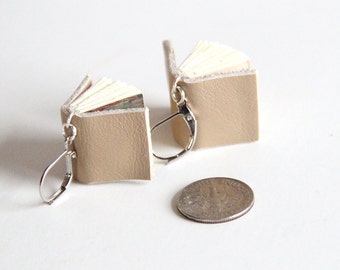 Book Earrings, Tan Leather Books, Mini Books, Book Lover, Little Book, Miniature, Book Gift, Leather Sketchbook, Earrings, Geek, Reader