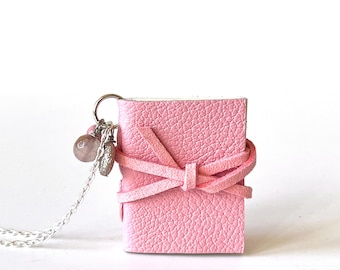 Book Necklace, Leather Book, Mini Book Jewelry, Book Lover, Literary Gift, Tiny Pendant, Small Leather Sketchbook, Handbound Journal