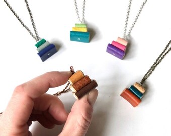 Stack of Books Necklace, Little Leather Book, Mini Books, Book Stack, Tiny Book, Literary Jewelry, Book Gift, Librarian, Small Books
