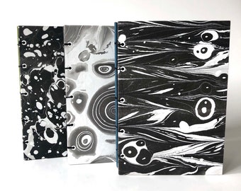 Marbled Paper Journals, Lined Books, Hardcover Journals, Coptic Stitch, Hand Marbled, Monochromatic, Black and White, Lined Paper, Marbled