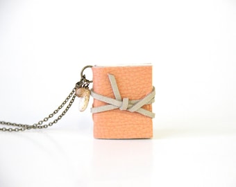 Leather Book Necklace, Tiny Journal, Miniature Book, Peach, Pink, Book Lover Gift, Tiny Book, Small Leather Book, Librarian Gift, Teacher