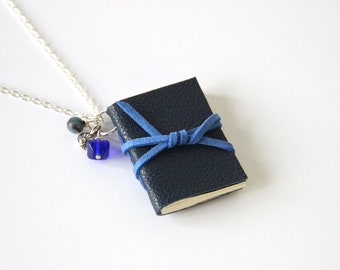 Leather Book Necklace, Tiny Journal, Miniature Book, Navy Blue, Book Lover Gift, Tiny Book, Small Leather Book, Librarian Gift, Teacher