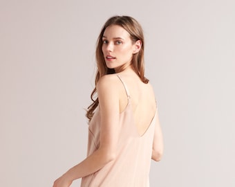 Cupro Cotton Midi Slip Dress HANI, Summer Dress, Strap Dress, Beach Dress, Sundress, Deep V Neck Basic Dress in Coral