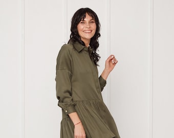 Mini Tencel Shirt  Dress Eva With Double Front Frill in Military Green