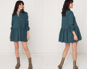 Mini Tencel Shirt  Dress DANA With Front Frill, oversized, flow, long sleeve casual,collar,buttoned  in Teal Blue