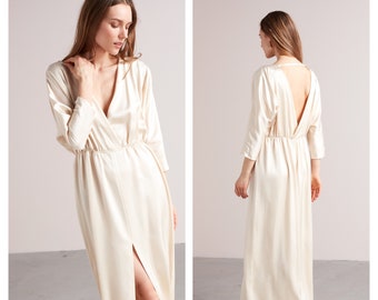 Oversized Open Back CECILIA Maxi Dress with Kimono Sleeve, Bridesmaids, Deep V neck, Loose fitted, Cocktail Dress in Light Cream Viscose