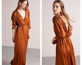 Oversized Open Back CECILIA Maxi Dress with Kimono Sleeve, Bridesmaids Dress, Deep V neck, Loose fitted, Cocktail Dress in Bronze Viscose