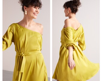 Mini Flared Of-the-Shoulder Dress MILA, Summer Dress with Pockets, Oversized, Plus size, Bridesmaids, Pregnancy Dress in Lime Green Viscose