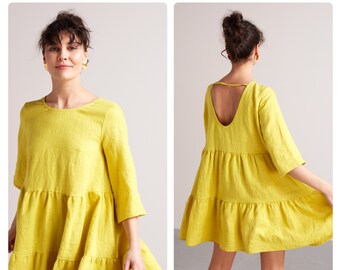 Linen Flowy Baby Doll Mini Tier Dress LOLITA, Ajuste suelto, De gran tamaño, Vestido de verano, Casual, Vestido de playa, Vestido de talla grande en amarillo limón