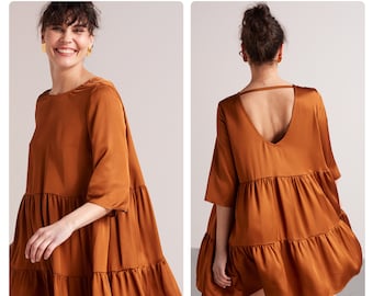 Flowy Baby Doll Mini Tier Jurk LOLITA, Loszittend, Oversized, Zomerjurk, Casual Jurk, Strandjurk in Brons