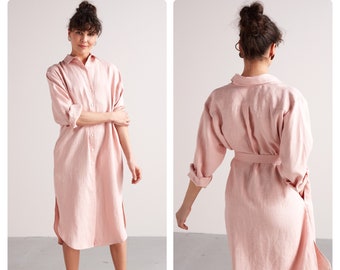 Linen Midi  Shirt Dress ANRI, Shirt Collar Dress, Oversized Dress with Pockets, Loose Fitted Dress, Oversized Shirt Dress in Dusty Pink