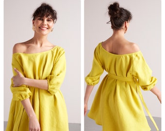 Linen Mini Flared Of-the-Shoulder Dress MILA, Summer Dress with Pockets, Oversized, Plus size, Bridesmaids, Pregnancy Dress in Lemon Yellow