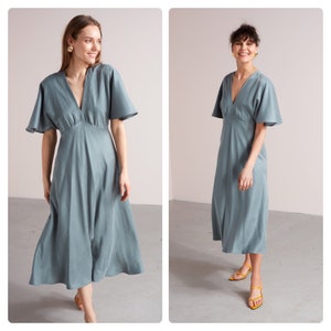 Empire Waist Midi Dress NORA with Butterfly Sleeves, Cupro Cotton Summer Dress in Dusty Blue