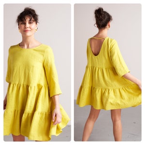 Linen Flowy Baby Doll Mini Tier Dress LOLITA, Loose Fitting, Oversized, Summer Dress, Casual, Beach Dress, Plus size Dress in Lemon Yellow