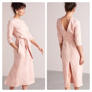 Linen Midi Dress MILENA with Belts, Pencil Dress with Pockets, Office Dress, Deep V Neck Dress, everyday Dress in Dusty Pink,Summer dress