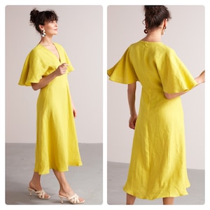 Linen Empire Waist Midi Dress NORA with Butterfly Sleeves, Summer Dress, Bridesmaids Dress, Pregnancy Dress in Lemon Yellow