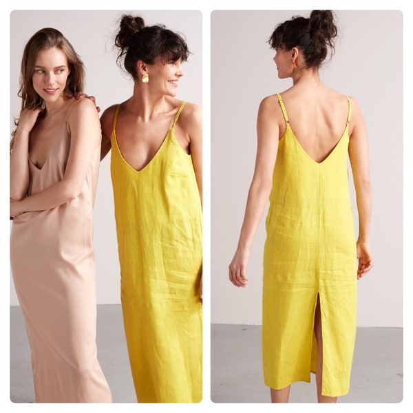 Linen Midi Slip Dress HANI, Summer Dress, Strap Dress, Beach Dress, Sundress, Deep V Neck, Oversized, Nightgown Basic Dress in Lemon Yellow