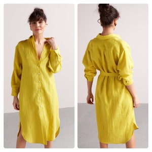 Linen Midi  Shirt Dress ANRI, Shirt Collar Dress, Oversized Dress with Pockets, Loose Fitted Dress, Oversized Shirt Dress in Lemon Yellow