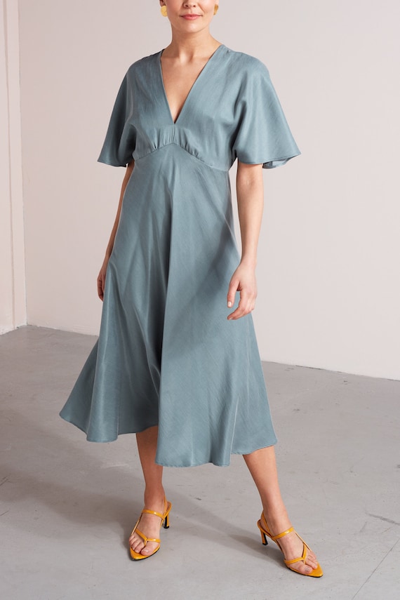 Empire Waist Midi Dress NORA With Butterfly Sleeves Cupro Cotton