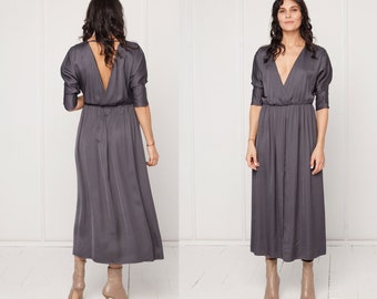 Oversized Open Back Ciara Midi Dress with Kimono Sleeve, Bridesmaids, Deep V neck, Loose fitted, Cocktail Dress in  Dark Gray Viscose