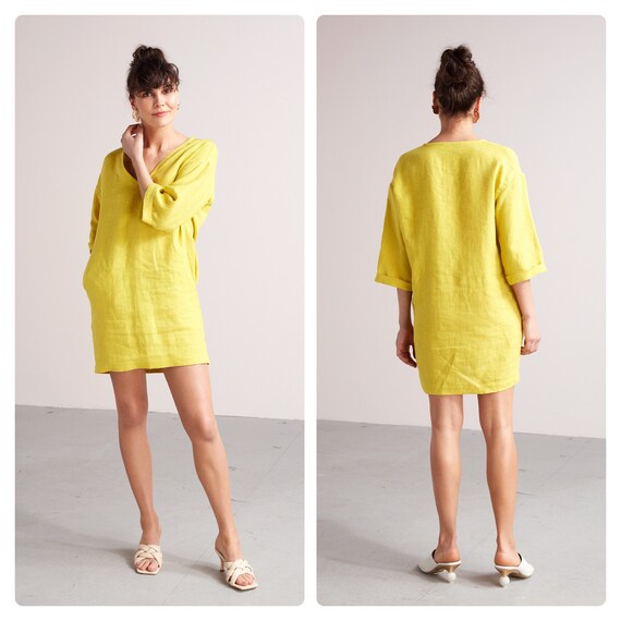 Mini Linen Tunic Dress ELSA, Dress With Pockets , Summer Dress, Oversized Dress, Smock Dress in Lemon Yellow