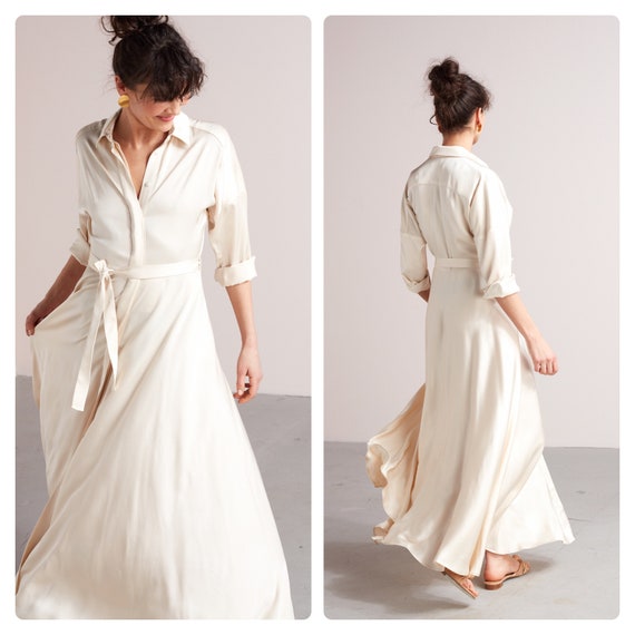 chinese dress ladies Evoree Maxi Shirtdress Cream Denim XSmall