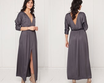 Oversized Open Back CECILIA Maxi Dress with Kimono Sleeve, Bridesmaids, Deep V neck, Loose fitted, Cocktail Dress in  Dark Gray Viscose
