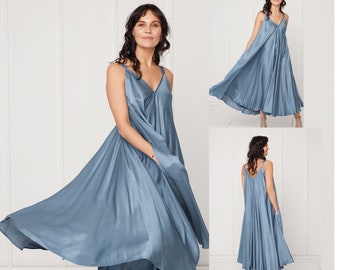 Flowy Midi Kaftan Dress MONA, Strap Dress, Summer Dress with Pockets, Bridal  Pregnancy Dress, Loose Fitting,Oversized in Stone Blue Viscose