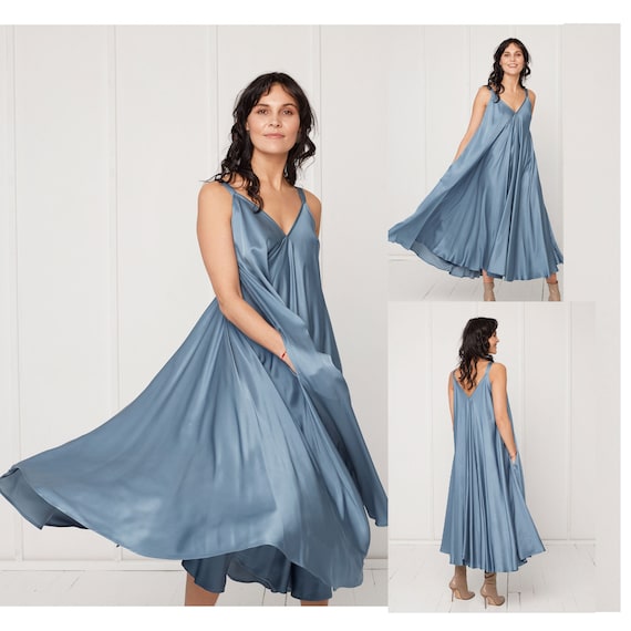 Flowy Midi Kaftan Dress Mona, Strap Dress, Summer Dress with Pockets, Bridal Pregnancy Dress, Loose Fitting,Oversized in Stone Blue Viscose