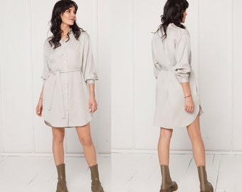 MIRA Mini Tencel Shirt Dress in Light Grey