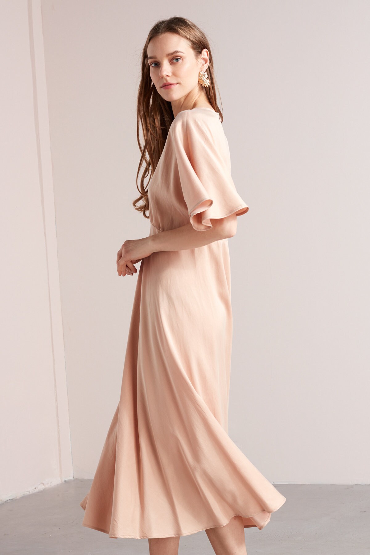 Empire Waist Midi Dress NORA with Butterfly Sleeves, Cupro Cotton Summer Dress in Light Cream, Pregnancy dress, wedding Dress