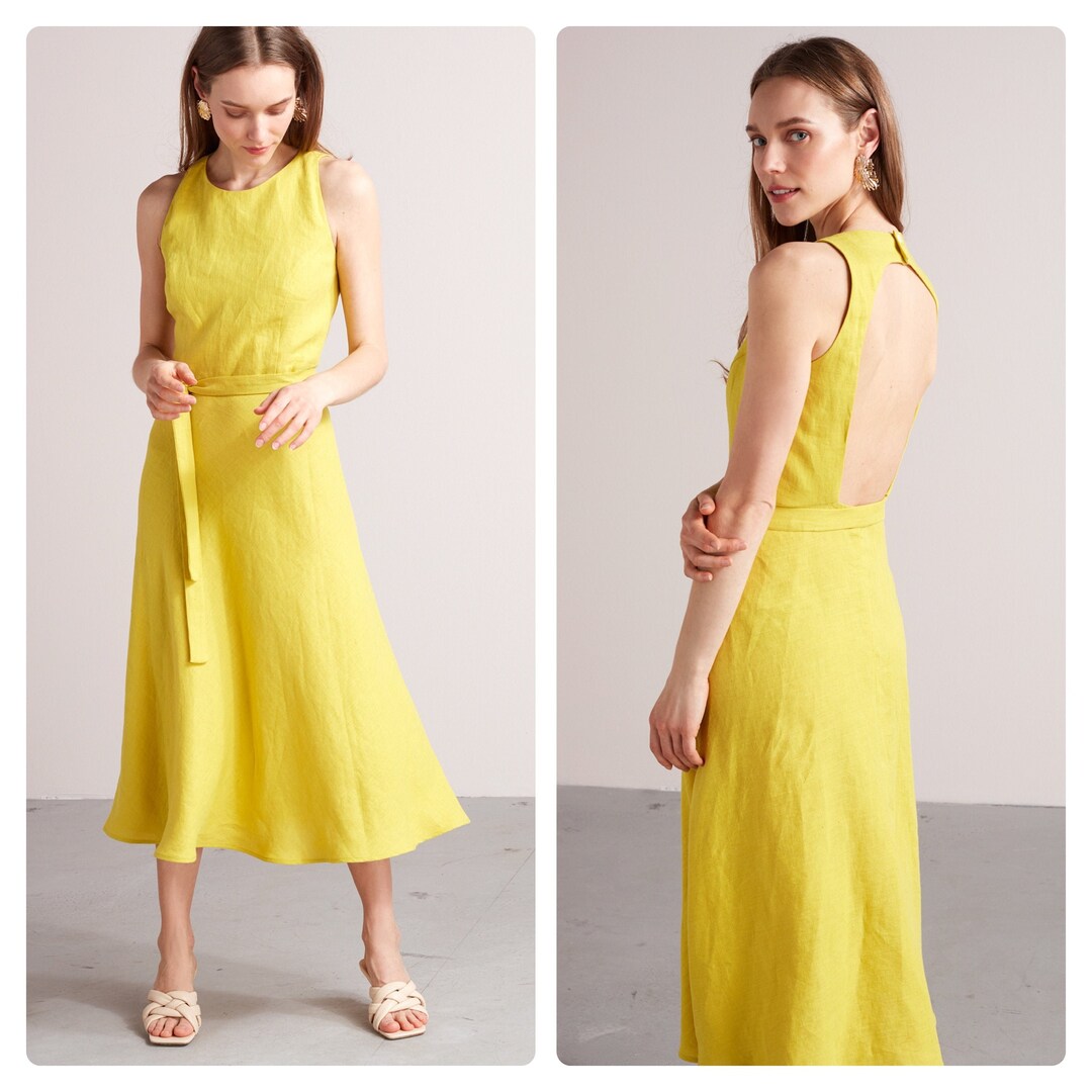 Linen Midi Dress AMILA, Open Back, Summer Beach Dress, Backless Dress, Bridesmaids Dress ...