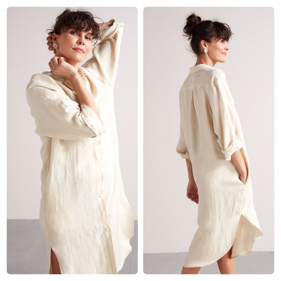 Linen Cupro Midi Shirt Dress ANRI Shirt Collar Dress Oversized Dress With Pockets Loose Fitted Dress in Light Cream flax Dress Etsy UK