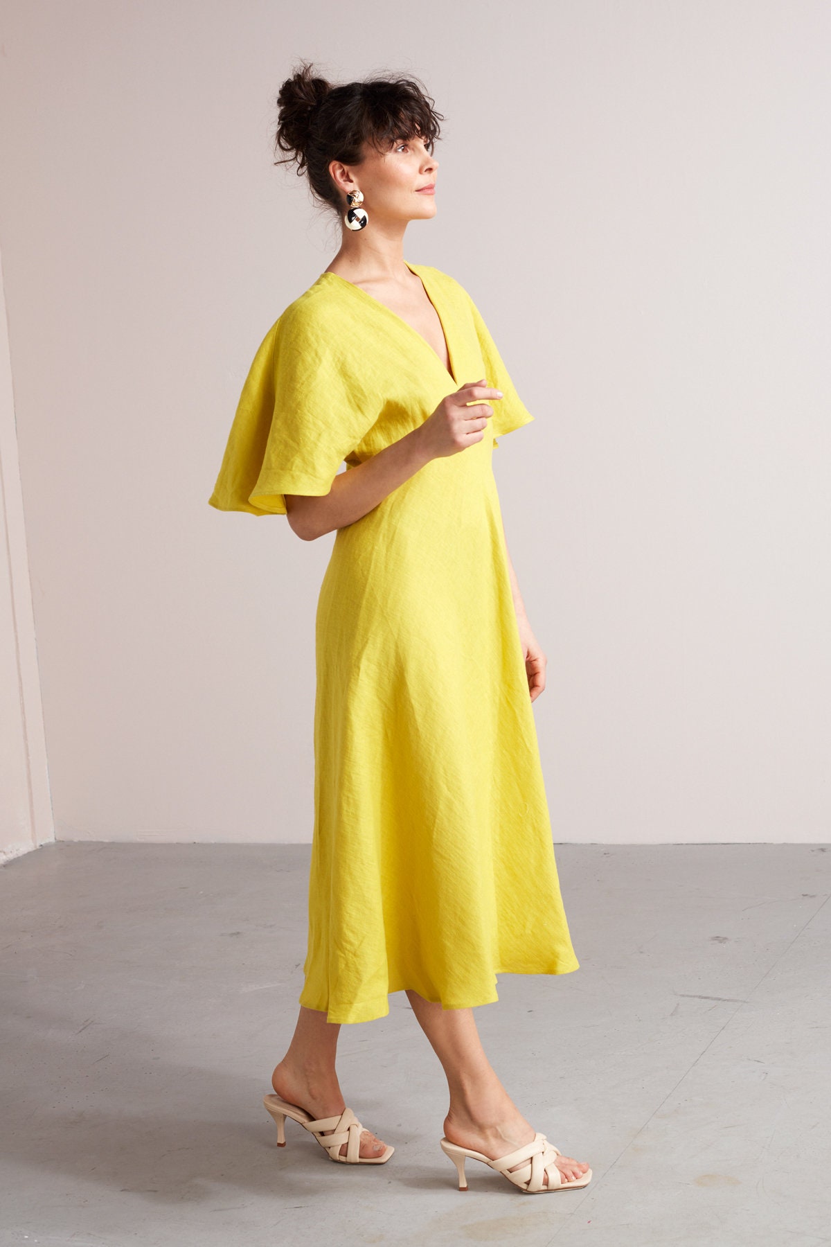 Empire Waist Midi Dress NORA with Butterfly Sleeves, Cupro Cotton Summer Dress in Light Cream, Pregnancy dress, wedding Dress
