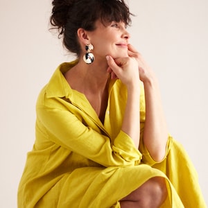 Linen Midi Long Sleeve Oversized Shirt Dress ANRI in Lemon Yellow