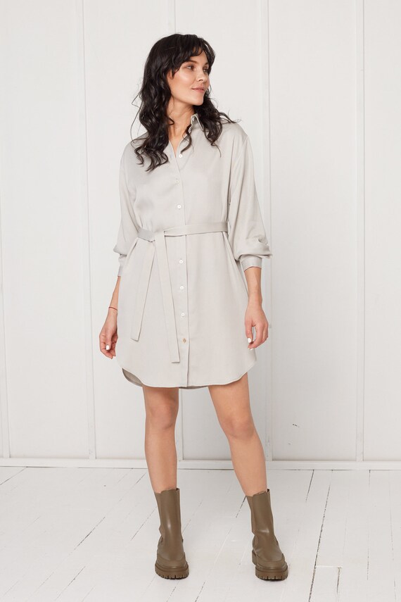 MIRA Mini Tencel Shirt Dress in Light Grey - Etsy