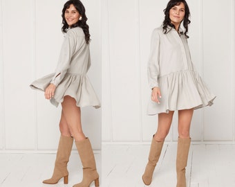 Mini Tencel Shirt  Dress DANA With Front Frill in Light Grey