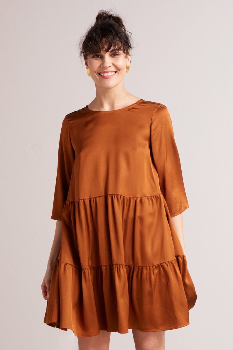 Casual Dress Flowy Baby Doll Mini Tier Dress LOLITA Summer Dress Oversized Loose Fitting Beach Dress in Bronze