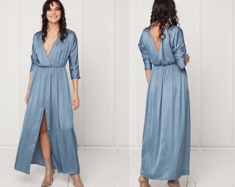 Oversized Open Back CECILIA Maxi Dress with Kimono Sleeve, Bridesmaids, Deep V neck, Loose fitted, Cocktail Dress in  Stone BlueViscose