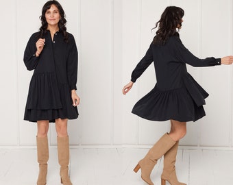 Mini Tencel Shirt  Dress Eva With Double Front Frill in Black