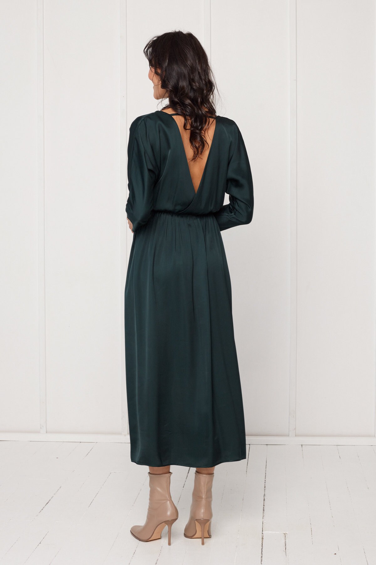 ciara midi dress Oversized Open Back Ciara Midi Dress with Kimono Sleeve, Bridesmaids, Deep V neck, Loose fitted, Cocktail Dress in Taupe Viscose