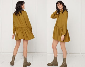 Mini Tencel Shirt  Dress DANA With Front Frill in Olive Green