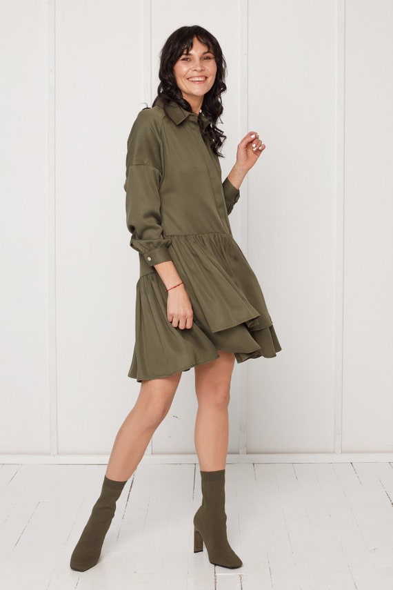 olive green dress with black boots Olive Green Dress and Boots Champagne & Chanel