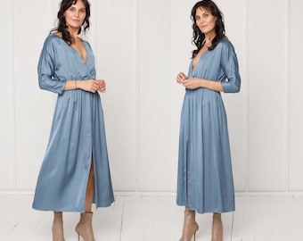 Oversized Open Back Ciara Midi Dress with Kimono Sleeve, Bridesmaids, Deep V neck, Loose fitted, Cocktail Dress in  Stone Blue Viscose